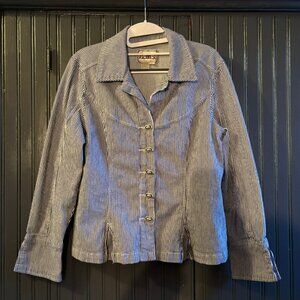 AMX Hickory Stripe Button-Up Jacket - Blue & White - Size L - Y2K Vintage